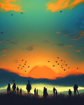 Group Of People In Silhouette Standing At The Hill In Sunset Looking At The Sun And Enjoying The Evening, Generative Ai