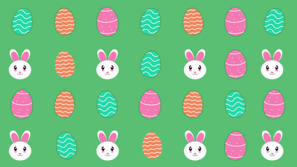 Easter background with rabbits and beautiful painted eggs on green. Vector illustration.