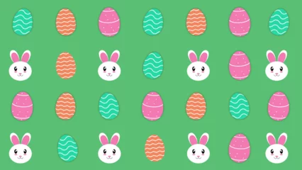 Rollo Easter background with rabbits and beautiful painted eggs on green. Vector illustration. © Alfan Subekti