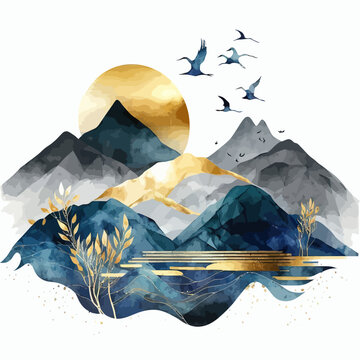 Abstract landscape mountain background. Traditional watercolor oriental, Japanese style. Vector illustration