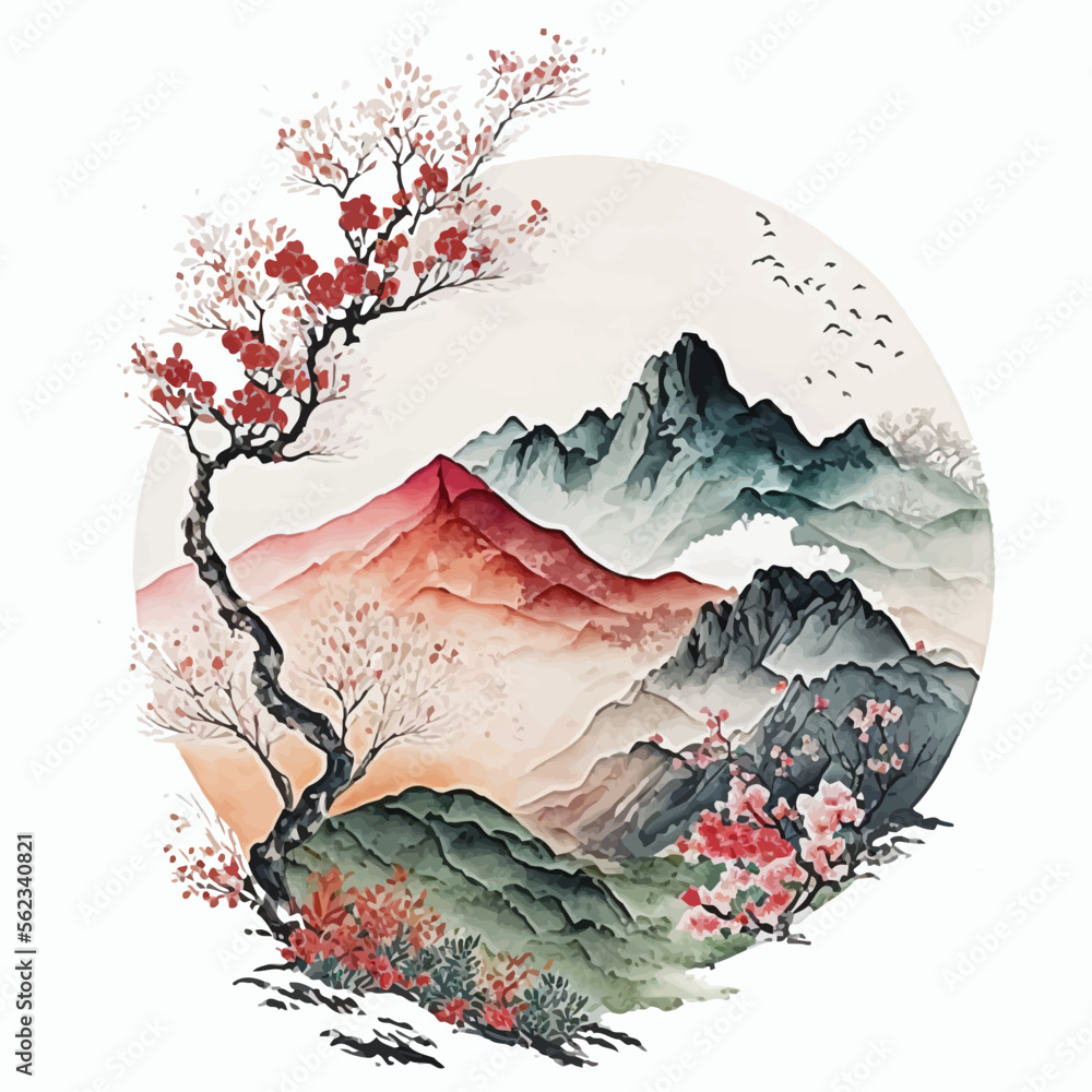 Wall mural Mountain landscape in chinese style background. Traditional watercolor oriental, Japanese style. Vector illustration