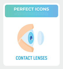 Inserting contact lens in eye thin line icon. Vision correction. Ophthalmology vector illustration.