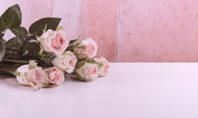 Big pink roses bouquet on white table. Generative AI illustrations.