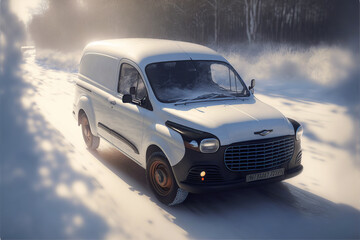 Obraz na płótnie Canvas Car driving in snow road, winter day. Generative AI illustrations.