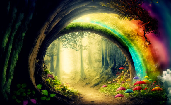 Magical fantasy fairytale forest with rainbow. digital art	