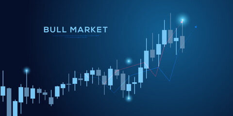 bull Stock market trending and forex technical trade concept design, financialcandle stick graph chart of stock market investment trading on blue background design.