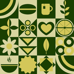 Background of icons in a flat geometric BAUHAS style. Abstract signs. Tea, a cup of tea, lemon, sun. Tea time. Vector illustration.