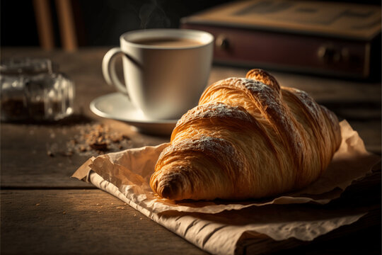 closeup of croissant with a cup of coffee in rustic environment - generative AI