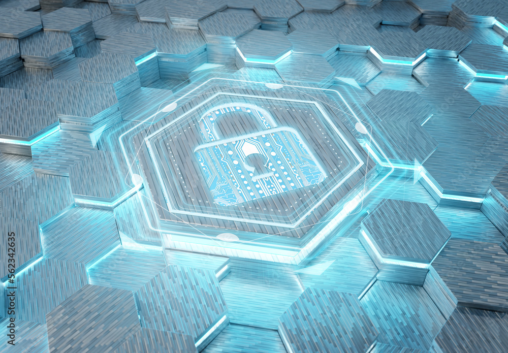 Leinwandbilder web security icon concept engraved on metal hexagonal pedestral background. padlock logo glowing on 