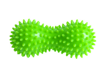 Green double or peanut spiky ball massager for yoga pilates or stretching and fascia pain. Sports equipment for fitness isolated on a white background. Concept of sports massage.