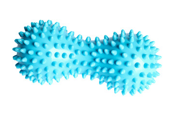 Blue double or peanut spiky ball massager for yoga pilates or stretching and fascia pain. Sports equipment for fitness isolated on a white background. Concept of sports massage.