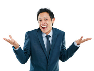 Portrait, shrug and excited with a business asian man in studio isolated on a white background for promotion. Comic, success and motivation with a male employee shrugging his shoulders on blank space