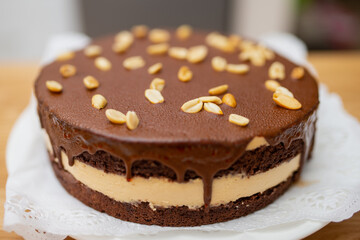 Delicious chocolate coffee cake with peanuts and brown chocolate frosting