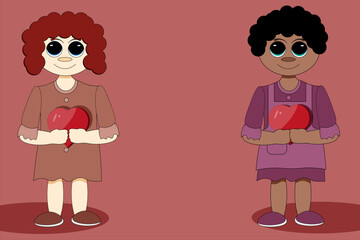 Big horizontal valentines day banner with cartoon little african american girl with big eyes and heart in the hands on viva magenta background with copy space. Valentine concept with kid. 