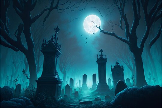 Spooky graveyard with thick several tombstones covered with moss and vines, meanwhile mystical glowing fog fills the air, in the full moon