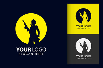 Obraz premium Samurai hold rifle gun logo in cyberpunk. Colorful symbol template design with soft background. Abstract vector branding.