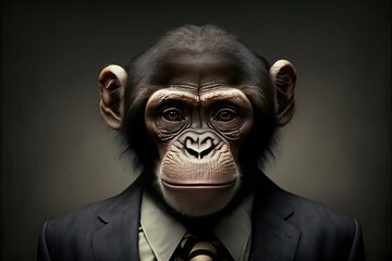 Portrait of monkey businessman. Animal head in business suit. Generative AI