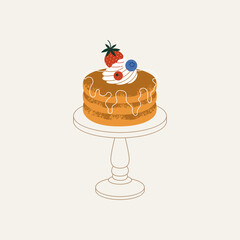 Pancakes with whipped cream and berries on a plate. Design template. Vector illustration