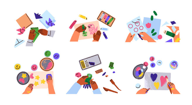 Childrens hands at Art and Craft classes, top view set. Kids during creativity, DIY hobbies, education with paper, paints, plasticine. Flat graphic vector illustrations isolated on white background