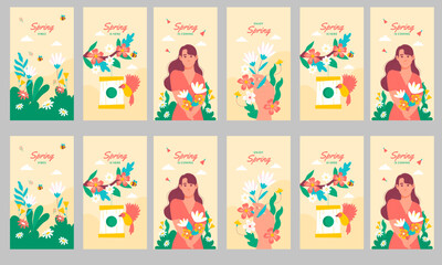 Obraz na płótnie Canvas happy spring day media social stories vector flat design