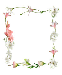 White flowers. Floral background. Green leaves. Eustoma. Lilies. Gladiolus. Flowers frame.