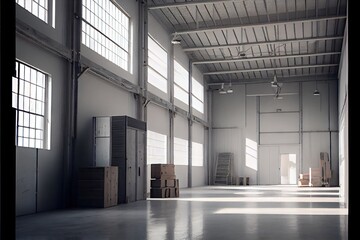 Interior of empty industrial warehouse or garage. Generative AI