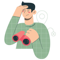 Man looking for something with a binocular. Flat vector minimalist illustration of searching process