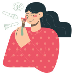 Woman with a blush tassel . Self hygiene and SPA, beauty service flat vector minimalist illustration