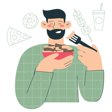 Man eating potato with a fork. Flat vector minimalist illustrations with kitchen staff, cooking and food