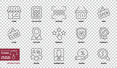 Line Art Collection E-Commerce Icon Set - Different Vector Illustrations Isolated On Transparent Background