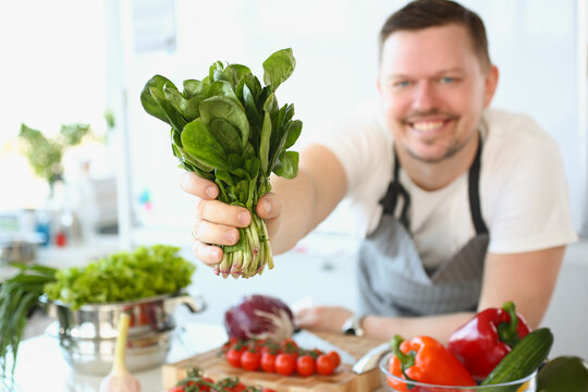 Smiling male cook holding sorrel or salad in kitchen