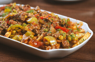 delicious asian food , meat and vegetables , selective focus