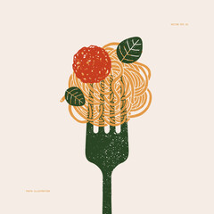 Spaghetti pasta on a fork. Pasta with meatball. Textured vintage illustration. Vector illustration