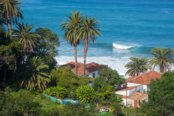 Fototapeta na wymiar Paisaje con palmeras y casa rural en la costa del Socorro en Los Realejos al norte de la isla de Tenerife en Canarias