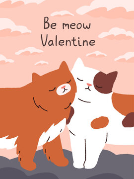 Saint Valentine's day postcard with cute cats, love couple. 14 February, romantic holiday, Meow Valentines card with adorable kitties, two funny sweet feline animals. Flat vector illustration