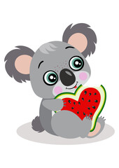 Loving koala eating heart shaped slice of watermelon