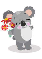 Loving koala holding a bunch of red flowers