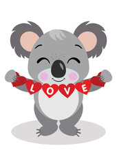 Loving koala holding a love red heart flag garland