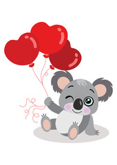 Loving koala holding a red balloons