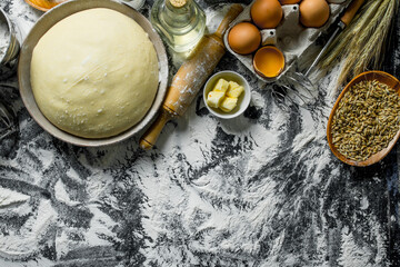 Dough with eggs, butter and grain in bowls.
