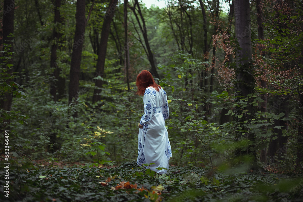 Wall mural Walking in forest aesthetic scenic photography. Picture of woman in embroidered dress with woods on background. High quality wallpaper. Photo concept for ads, travel blog, magazine, article