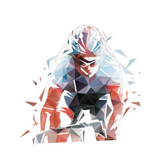 Road cycling, cyclist logo, low polygonal isolated vector illustration. Front view - obrazy, fototapety, plakaty