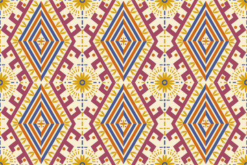 Colorful geometric ethnic seamless pattern design for wallpaper, background, fabric, curtain, carpet, clothing, and wrapping.