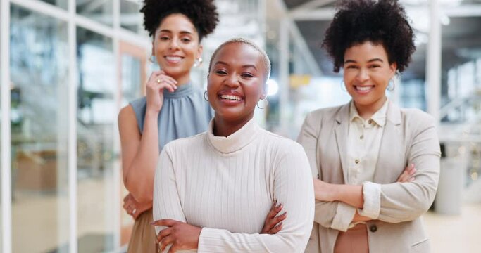 Leadership, pride and portrait of black woman team at creative marketing startup company. Teamwork, smile and confident group of happy women in advertising standing in small business office lobby.