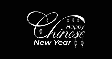 Happy Chinese New Year text Handwritten. Classic Chinese new year in white color on a black background. Hanging lanterns on the letters. Suitable for banners, cards, posters, and covers. Vector design