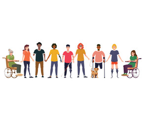 A group of people with different types of disabilities stand in a row. Vector illustrations of people with physical disabilities that include body impairment, mental issue, and limb deficiency.