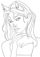 line drawing of beautiful woman with a cats ear hair band ,for colouring book . Artwork