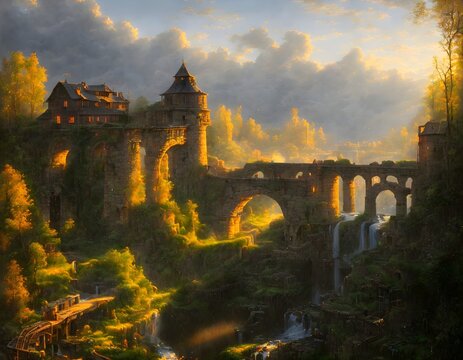 Small casle on cliff next to aqueduct, above waterfall, Concept Art, Generative AI, AI, Realistic Illustration, Video Game Digital CG Artwork Background, Nature Scenery, Book Illustration, Serious pai
