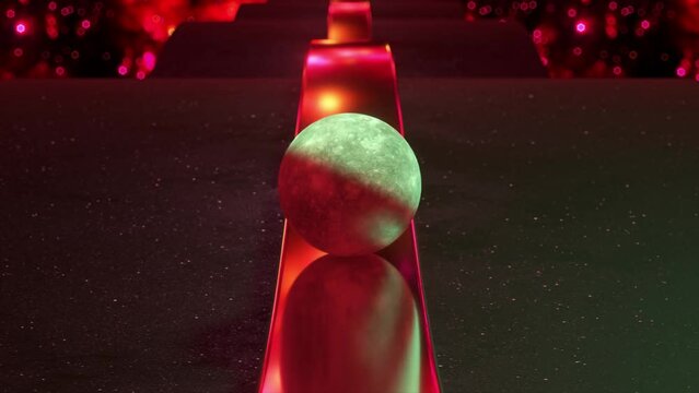 A stone ball rolls along a metal track. Moon. Reflection. Space background. Red neon color. 3d animation 