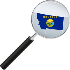 Montana map with flag in magnifying glass.